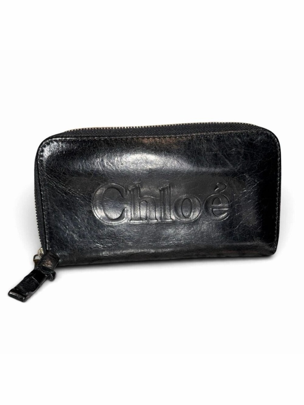 Chloé Black Textured Leather Zip Around Wallet with Gold Hardware